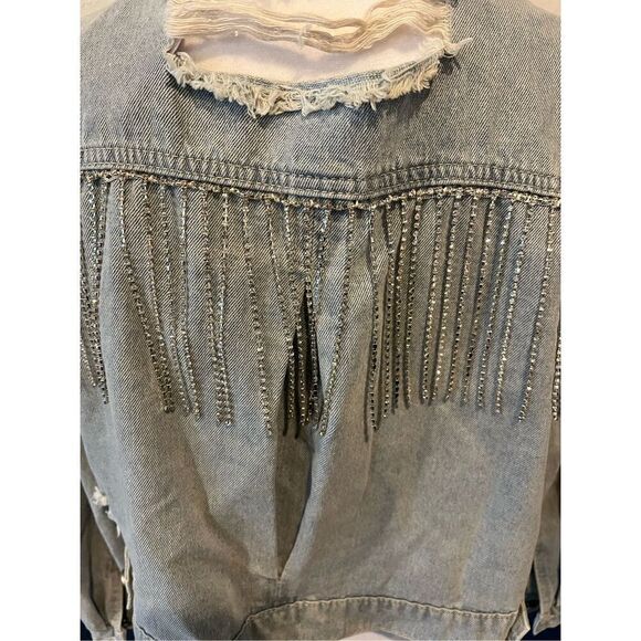 Joiemont Womens Denim Jacket with Fringe Rhinestones Long Sleeve - Picture 6 of 7